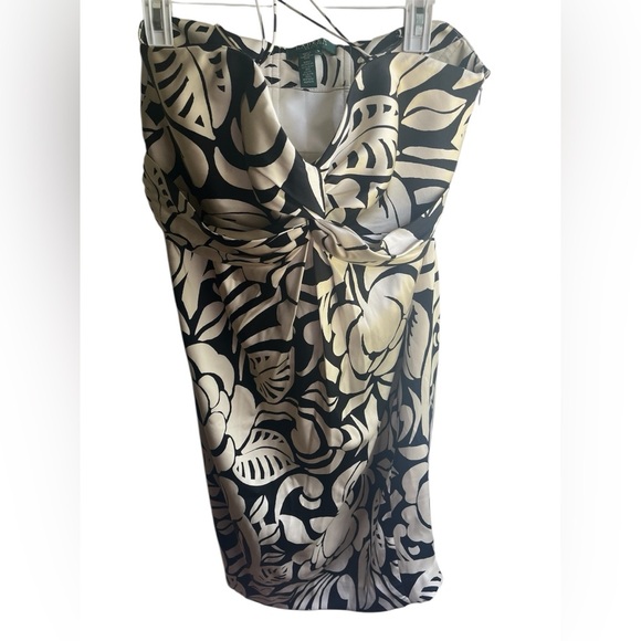 Ralph Lauren Gold and Black Tropical Print 100% Silk Strapless Satin Dress Sz 14 - Picture 1 of 10